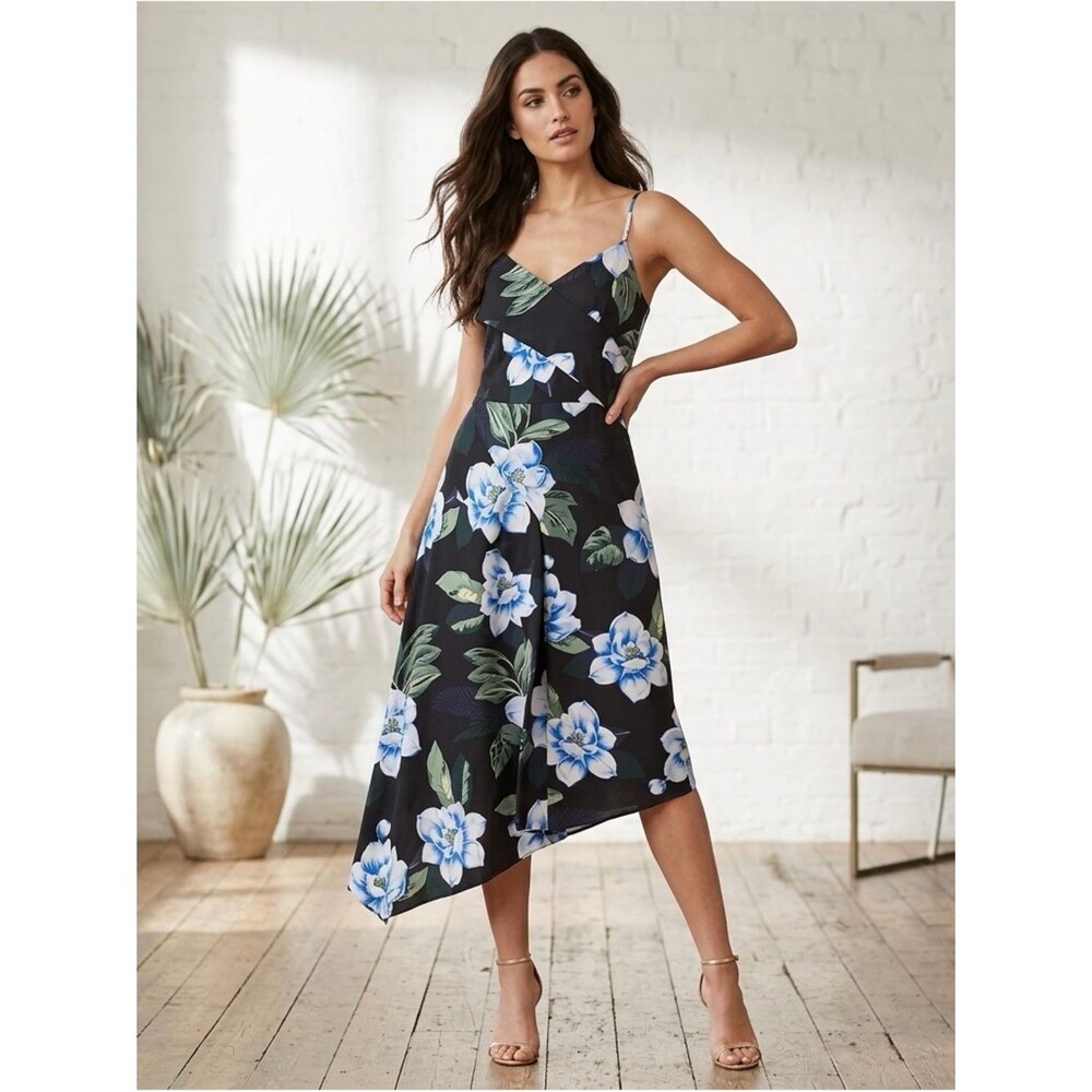 Banana Republic Women’s Black Strap Asymmetrical Midi Floral Print Dress Size 2